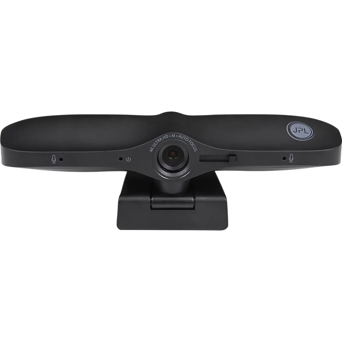 Webcam noire avec microphones et objectif 4K Ultra HD. Inscription : "JPL".
